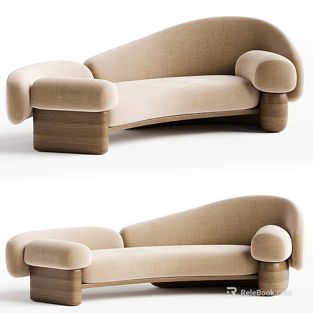 Elegant Modern Beige Fabric Multi Person Sofa With Rounded Arms And Wooden Legs 3d model 