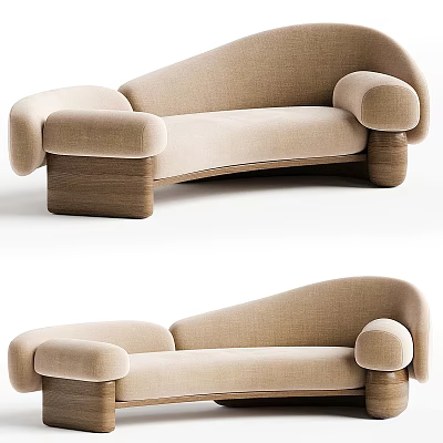 Elegant Modern Beige Fabric Multi Person Sofa With Rounded Arms And Wooden Legs 3d model