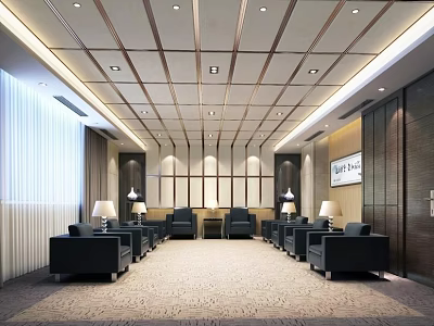 Modern Conference Room Interior With Black Seats Wooden Ceiling And Recessed Lighting 3d model