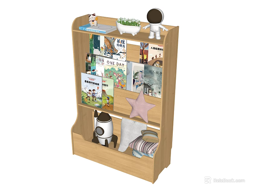 Kids Wooden Bookshelf with Children's Books Astronaut Robot Toys Star Decoration Plant and Storage 3d model 
