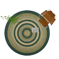 Round Area Rug in Green Beige Concentric Circle Woven Texture Wooden Chair Green Plant
