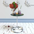 Decorative Vases With Fresh Flowers On Orange Green Round Tables With Petals