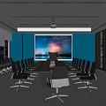Modern Conference Room With Long Table Black Chairs Large Screen Blue Walls And Bookshelves