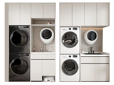Modern Laundry Room Design With Stacked Washing Machines Dryers Sink And Cabinets 3d model