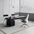 Modern Black Office Desk with White Chair Black Chairs Computer Monitor Window Blinds on Carpet