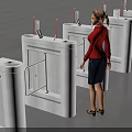 Woman in Red Top with Dark Skirt Operating White Turnstiles with Screen and Black Shoes