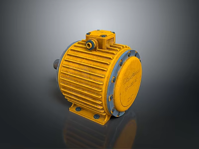 Yellow Industrial Electric Motor With Metallic Casing Cooling Fins And Mounting Bolts 3d model