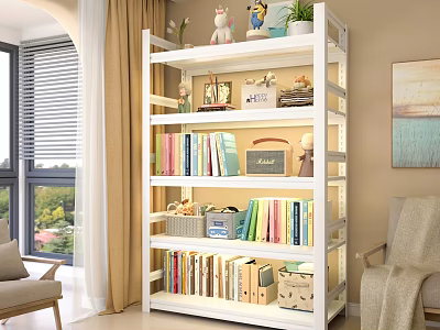 White Multi-tiered Storage Shelf with Books Decorative Items Plants and Storage Baskets in Living Room 3d model