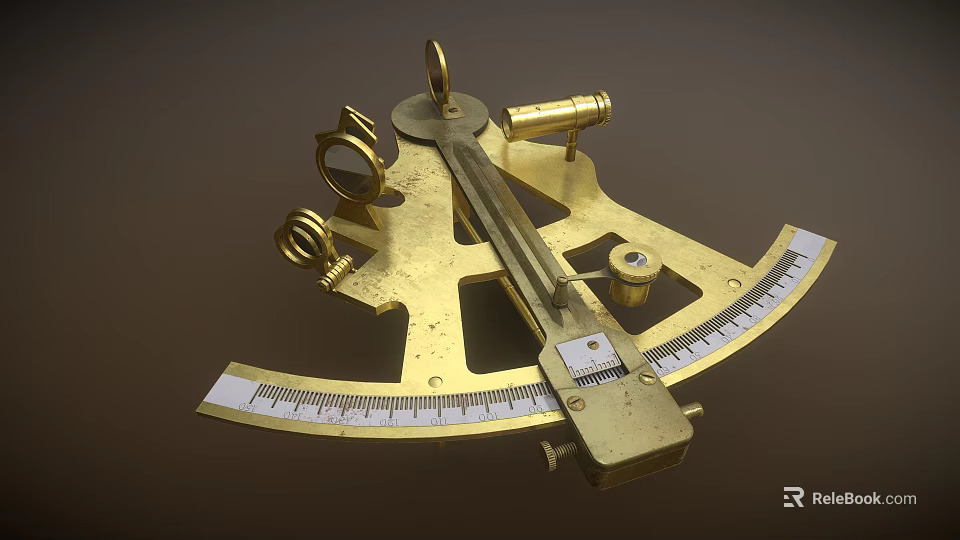 Vintage Brass Sextant With Scaled Dial Telescope And Navigation Pointer 3d model 