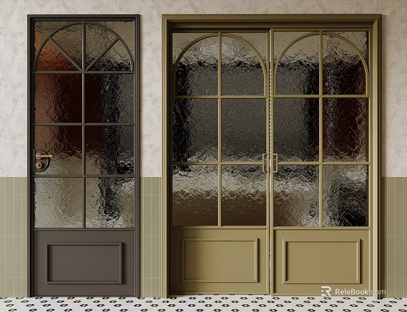 Classic Arch Glass Panel Doors With Wooden Frames And Tiled Base Design 3d model 