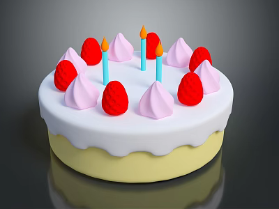Colorful Decorated Cake With White Frosting Yellow Base Red Strawberry Toppings And Pink Meringue Candles 3d model