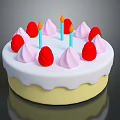 Colorful Decorated Cake With White Frosting Yellow Base Red Strawberry Toppings And Pink Meringue Candles