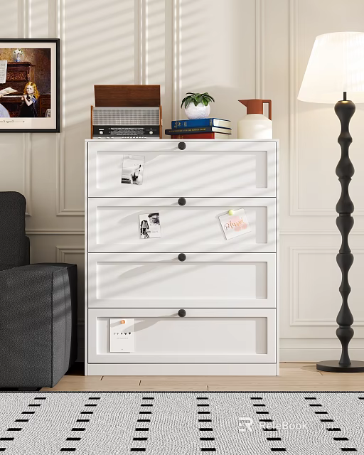 White Dresser with Multiple Drawers Black Handles Radio Books Potted Plant and Water Jug 3d model 