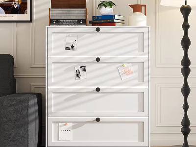 White Dresser with Multiple Drawers Black Handles Radio Books Potted Plant and Water Jug 3d model