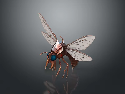 Detailed 3D Model of Flying Animal with Transparent Wings Metallic Body and Blue Eyes 3d model
