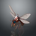 Detailed 3D Model of Flying Animal with Transparent Wings Metallic Body and Blue Eyes