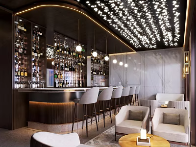 Modern Bar Interior Design With Bar Counter High Chairs Wine Racks And Ceiling Lights 3d model