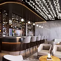 Modern Bar Interior Design With Bar Counter High Chairs Wine Racks And Ceiling Lights