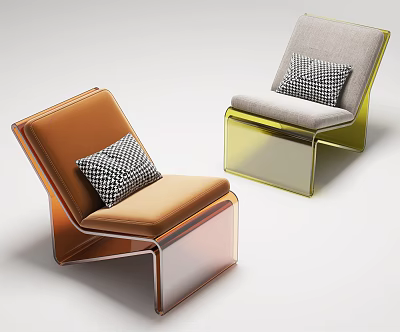 Modern Single Sofa With Orange Yellow Upholstery Transparent Acrylic Frame And Checkered Cushion 3d model