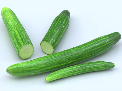 Fresh Green Vegetable Cucumbers Sliced And Whole On White Background 3d model