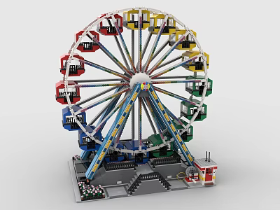 Colorful Building Blocks Ferris Wheel Model With Multicolored Cabins Blue Yellow Supports And Gray Base Platform 3d model