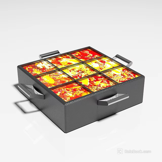 Square Black Tableware Set With Multiple Compartments Red Yellow Patterns And Metal Handles 3d model 