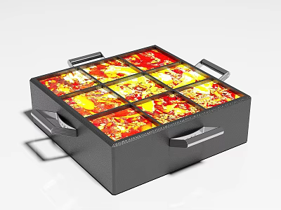 Square Black Tableware Set With Multiple Compartments Red Yellow Patterns And Metal Handles 3d model