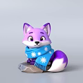 Cute Purple Fox Plush Toy Wearing Blue Snowflake Pattern Scarf Sitting On Rock