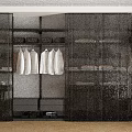 Modern Wardrobe Interior With Black Glass Partitions Hanging White Shirts And Storage Shelves