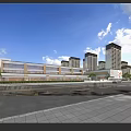 Modern School Building Exterior With Greenery Along Road And City Buildings