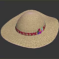 Light Brown Woven Straw Hat With Red Band Gold Patterns And Pink Decorations