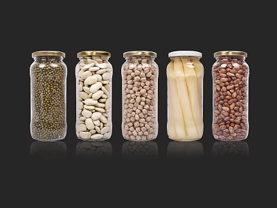 Transparent Glass Spice Jars With Metal Lids Containing Various Ingredients On Black Background 3d model
