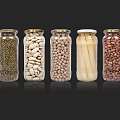 Transparent Glass Spice Jars With Metal Lids Containing Various Ingredients On Black Background