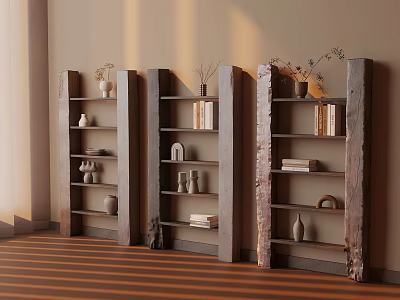 Rustic Wooden Shelves Displaying Books Decorative Vases In Cozy Room Interior 3d model