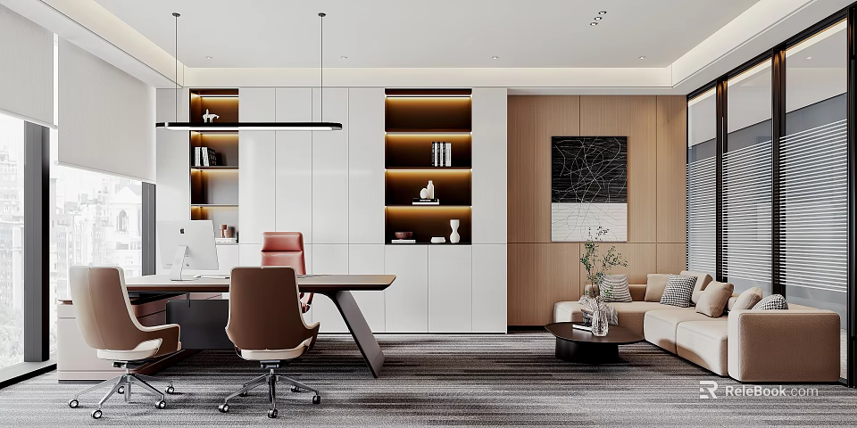 Modern Office Interior Design With Wooden Desk Chair Bookshelves Sofa And Wall Art 3d model 