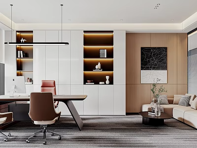 Modern Office Interior Design With Wooden Desk Chair Bookshelves Sofa And Wall Art 3d model