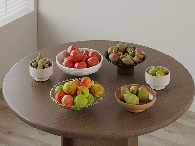Assorted Fresh Fruits Arranged On Wooden Round Table In Bowls 3d model