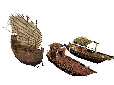 Traditional Wooden Boats Featuring Sailing Decorative and Covered Design Variations 3d model