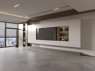 Modern TV Wall Design With White Cabinetry Black TV Open Shelves And Decor 3d model