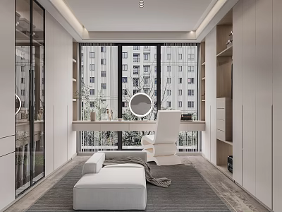 Modern Light Filled Walk in Closet With Large Windows And White Seating 3d model
