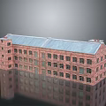 Red Brick Industrial Factory Building With Multiple Windows And Blue Roof Structure