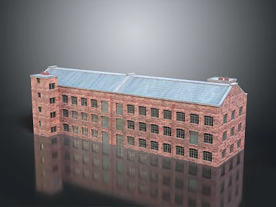 Red Brick Industrial Factory Building With Multiple Windows And Blue Roof Structure 3d model