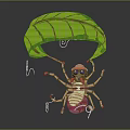 Cartoon Insect Wearing Sunglasses Flying With Green Leaf Parachute And White Ropes