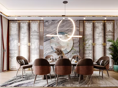Chinese Modern Restaurant Interior With Round Pendant Light Marble Backdrop Brown Dining Chairs And Rug 3d model