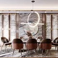 Chinese Modern Restaurant Interior With Round Pendant Light Marble Backdrop Brown Dining Chairs And Rug