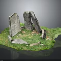 Creative Stone Structure Display With Standing Stones On Green Grass And Small Stones
