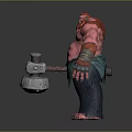 Muscular Tattooed Red Haired Giant Character Holding Stone Hammer With Green Apron