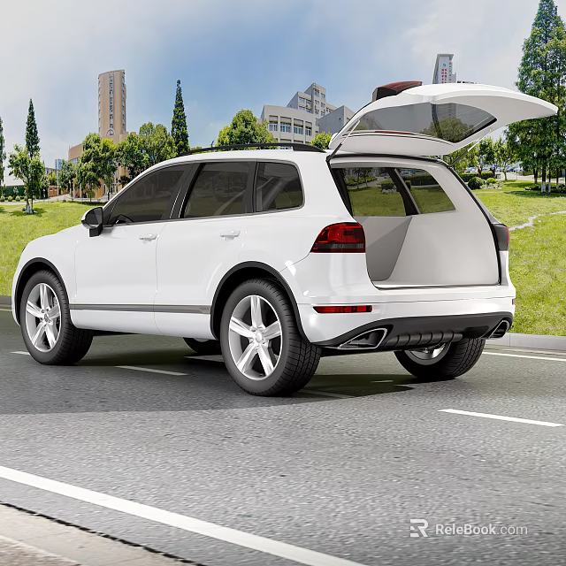 White SUV Rear View With Open Trunk In City And Greenery Background 3d model 