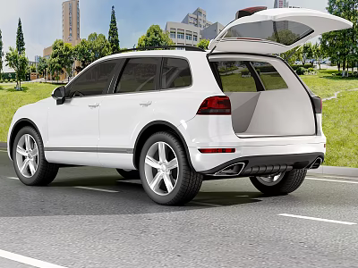White SUV Rear View With Open Trunk In City And Greenery Background 3d model