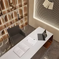 Modern Study Room Interior With Illuminated Shelves Desk Chair And Violin Decor